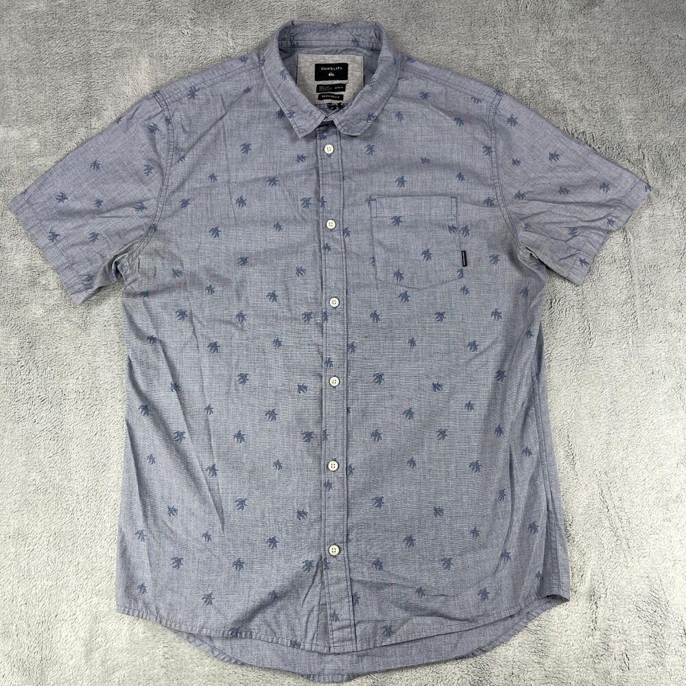 Quiksilver Shirt Men Medium Gray‎ Palm Trees Print Classic Regular Fit Button-Up